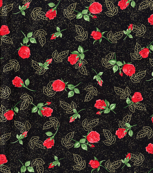 Fabric by the Yard, Single Rose Tossed, Metalic Rose Fabric