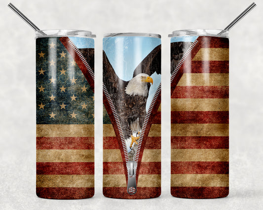 American Flag w Eagle Zipper Tumbler, 20oz Tumblr, Hot or Cold Beverage Holder