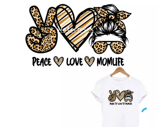 DTF Print, Mom Life w Leopard Heat Transfer, Ready to Ship, Ready to Press!! Peace Love MomLife