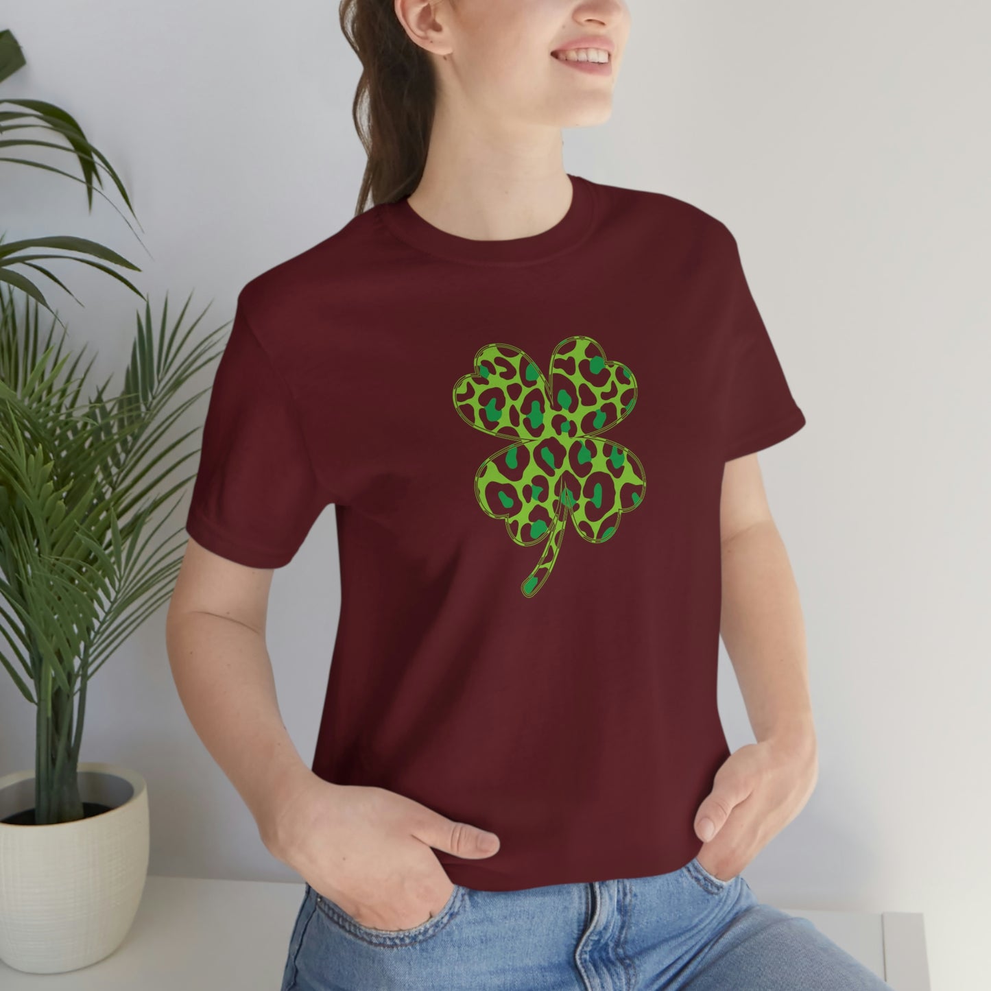 Leopard Shamrock Shirt | Lucky Four Leaf Clover Shirt | Saint Patricks Day Shirt | Unisex Jersey Short Sleeve Tee