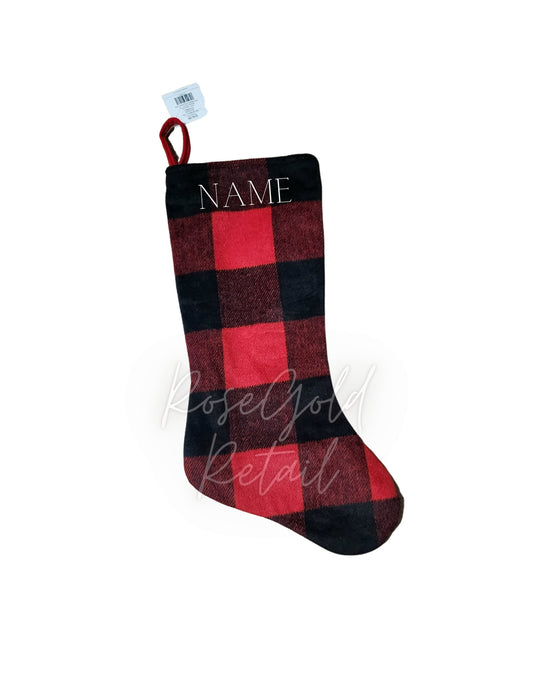 Black and Red Plaid Stocking, Personalized Stocking, Custom Name Stocking