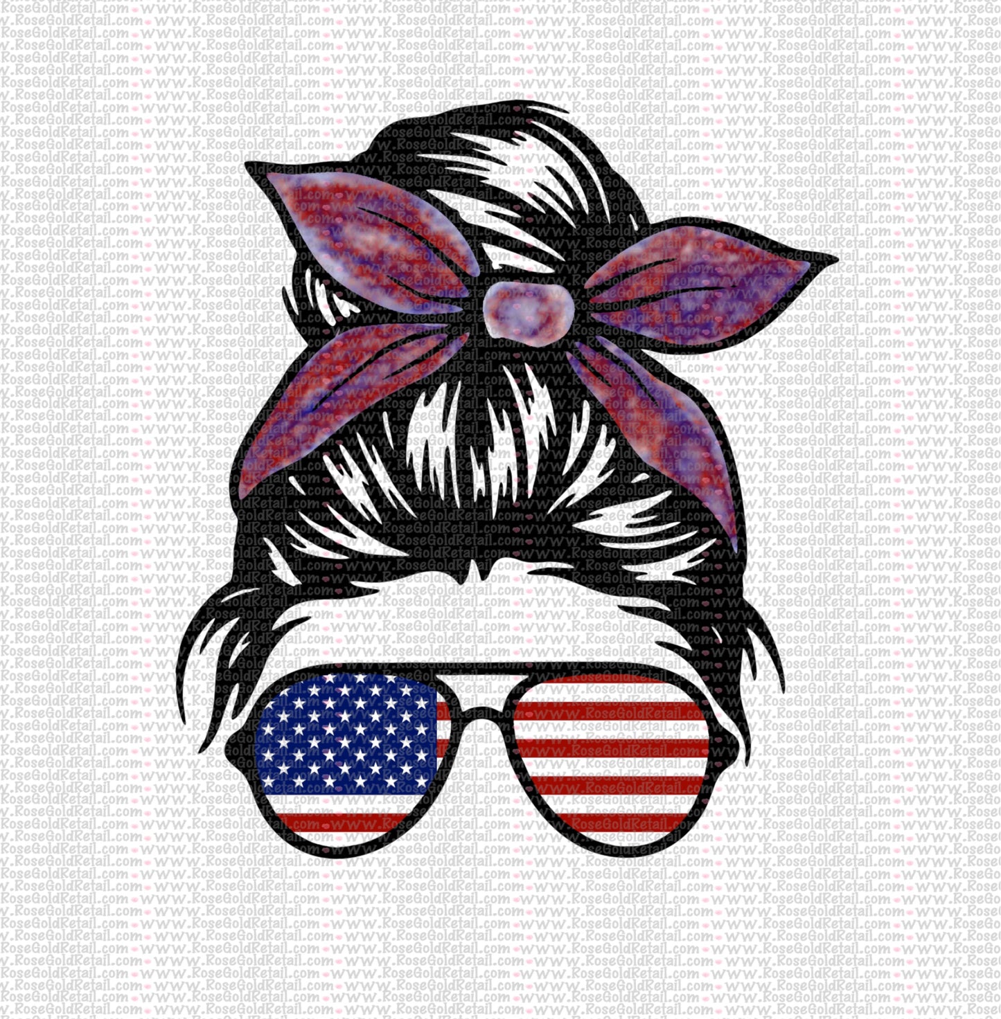 American Tie Dye Messy Bun Women Screen Print Full Color, Full Color Patriotic DTF
