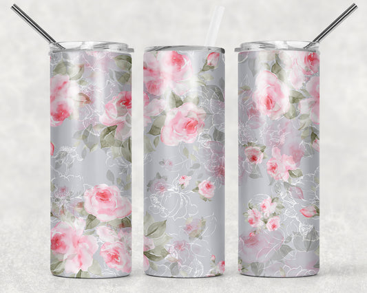 Pink & Grey Pretty Floral Tumbler, 20oz Tumblr, Hot or Cold Beverage Holder