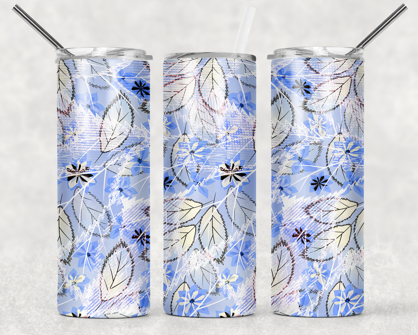 Pretty Blue Leaf Tumbler, 20oz Tumblr, Hot or Cold Beverage Holder