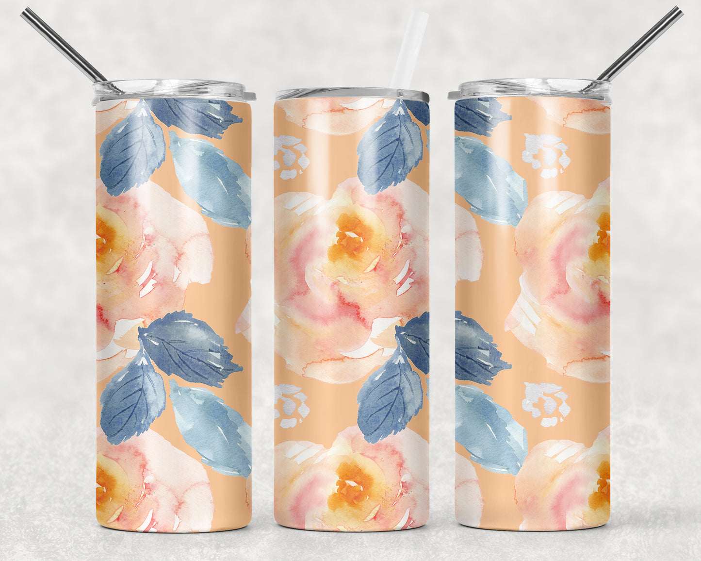 Peach Color Floral Tumbler, 20oz Tumblr, Hot or Cold Beverage Holder