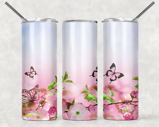 Pink and White Butterfly Tumbler, 20oz Tumblr, Hot or Cold Beverage Holder