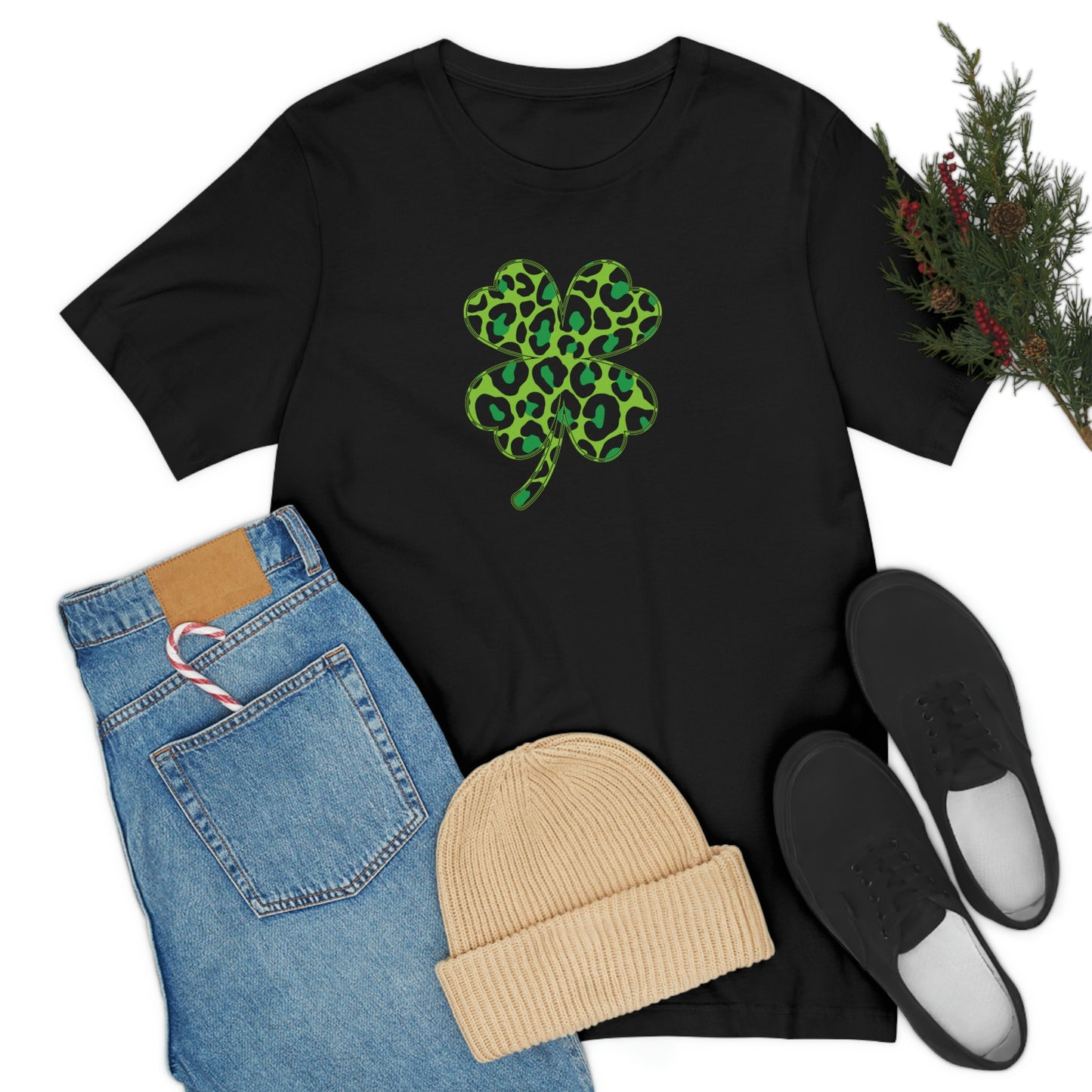 Leopard Shamrock Shirt | Lucky Four Leaf Clover Shirt | Saint Patricks Day Shirt | Unisex Jersey Short Sleeve Tee