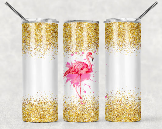 Gold Sparkle and Flamingo Tumbler, 20oz Tumblr, Hot or Cold Beverage Holder