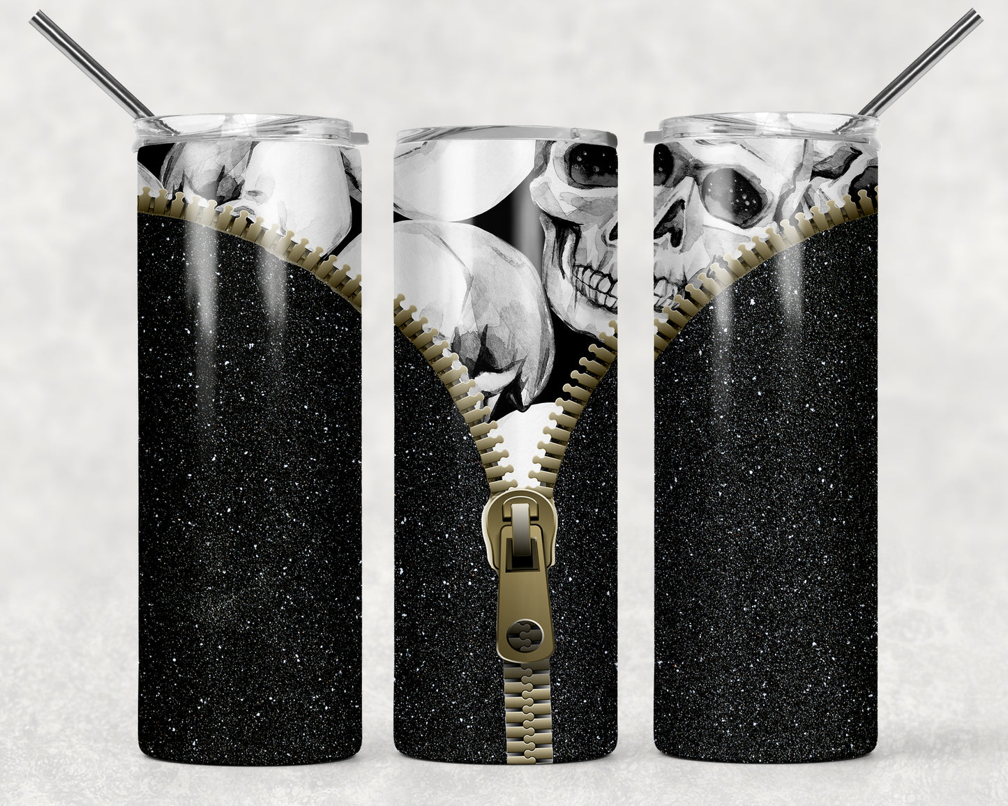 Glitter & Skull Zipper Tumbler, 20oz Tumblr, Hot or Cold Beverage Holder