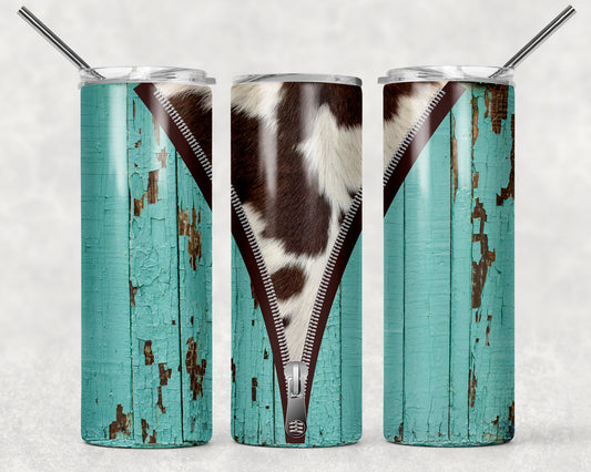 Cow and Wood Grain Zipper Tumbler, 20oz Tumblr, Hot or Cold Beverage Holder