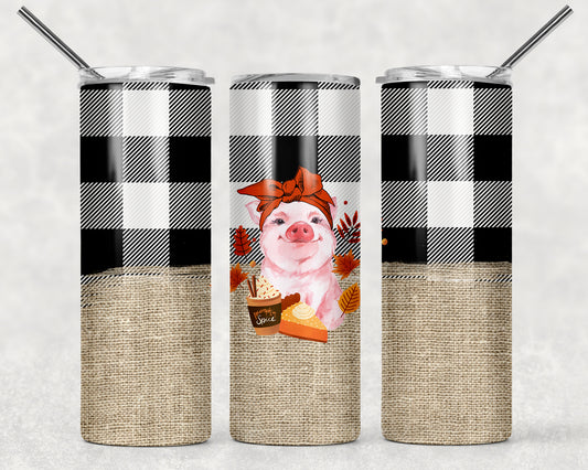 Cute Pig with Buffalo Plaid Tumbler, 20oz Tumblr, Hot or Cold Beverage Holder