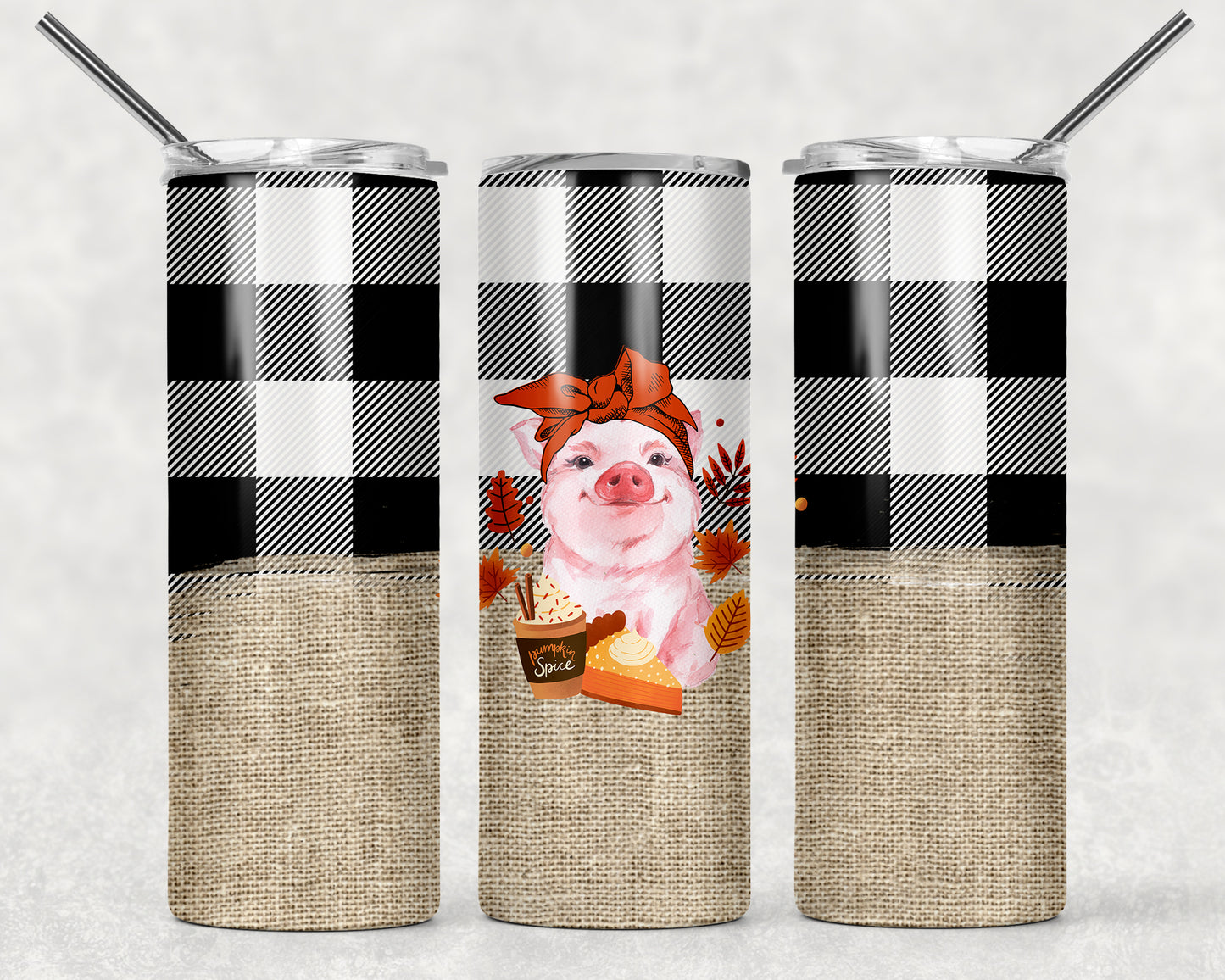 Cute Pig with Buffalo Plaid Tumbler, 20oz Tumblr, Hot or Cold Beverage Holder