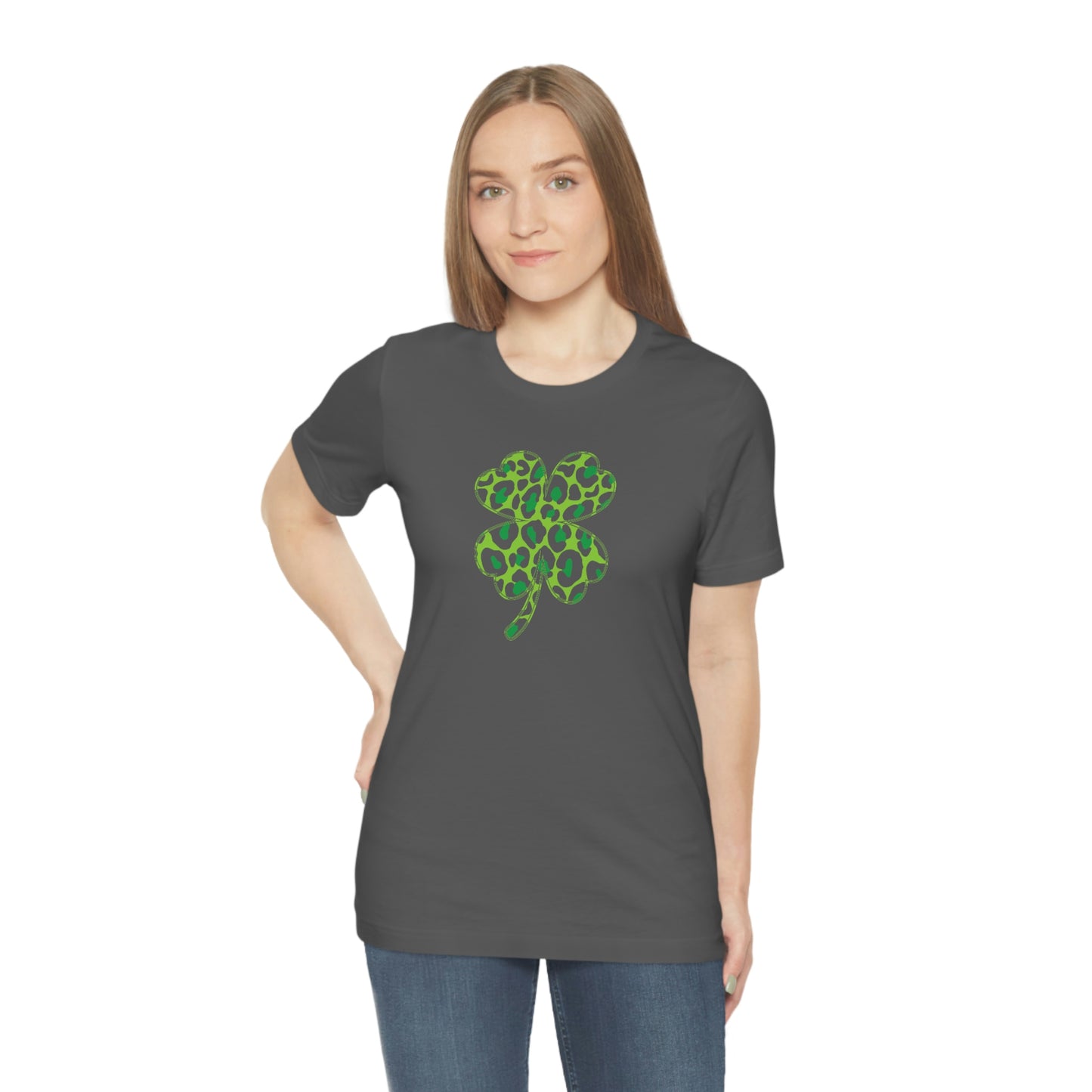 Leopard Shamrock Shirt | Lucky Four Leaf Clover Shirt | Saint Patricks Day Shirt | Unisex Jersey Short Sleeve Tee