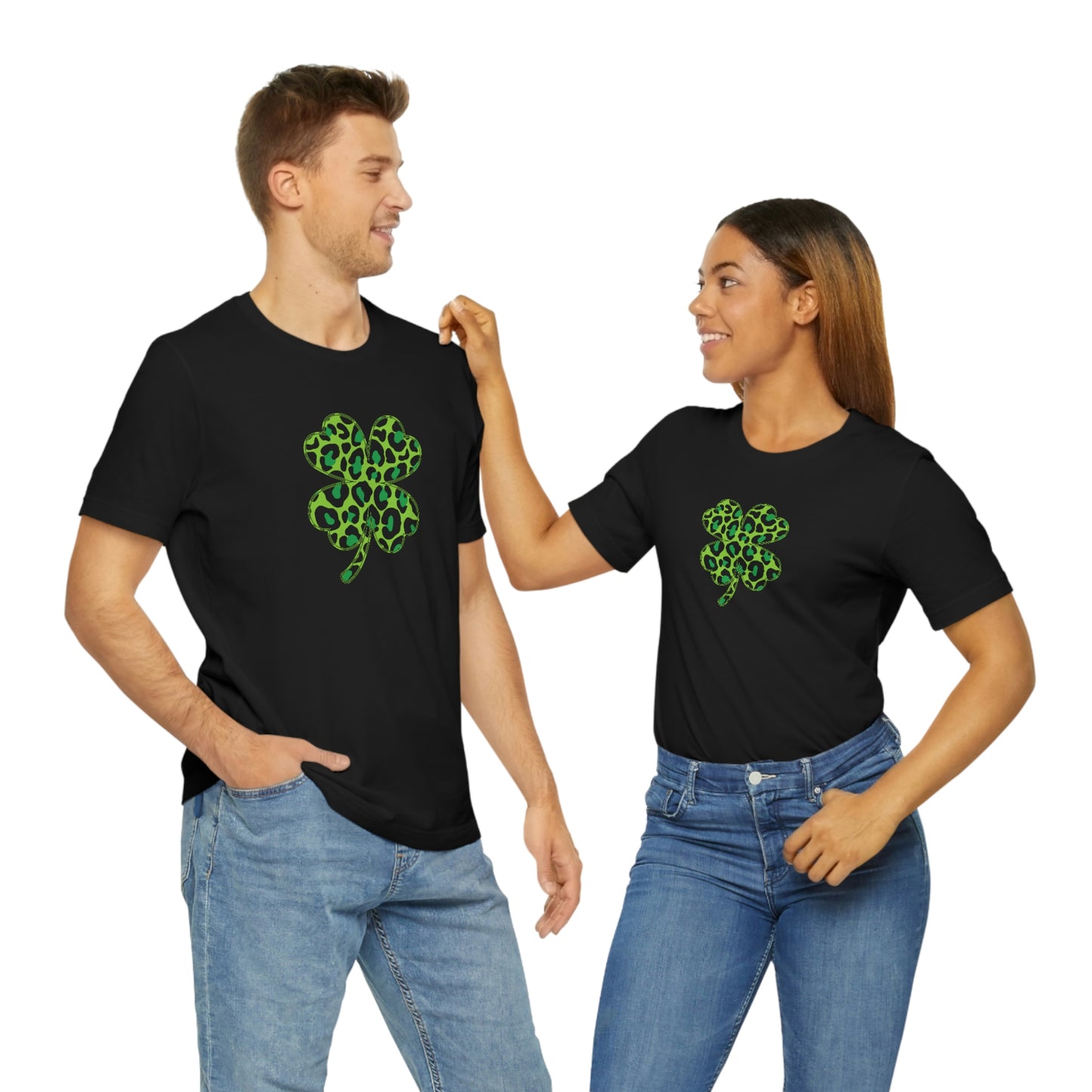 Leopard Shamrock Shirt | Lucky Four Leaf Clover Shirt | Saint Patricks Day Shirt | Unisex Jersey Short Sleeve Tee