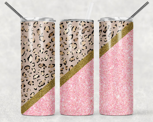 Leopard and Pink Glitter Tumbler, 20oz Tumblr, Hot or Cold Beverage Holder