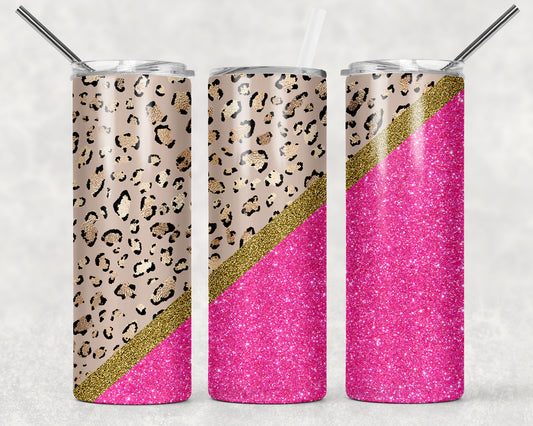 Leopard and HOT Pink Glitter Tumbler, 20oz Tumblr, Hot or Cold Beverage Holder