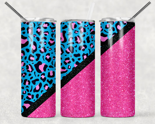 Blue Leopard and HOT Pink Glitter Tumbler, 20oz Tumblr, Hot or Cold Beverage Holder