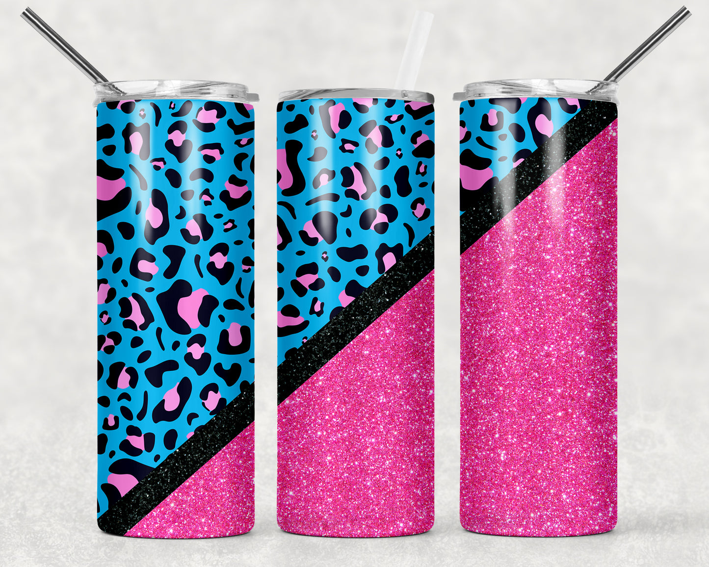 Blue Leopard and HOT Pink Glitter Tumbler, 20oz Tumblr, Hot or Cold Beverage Holder