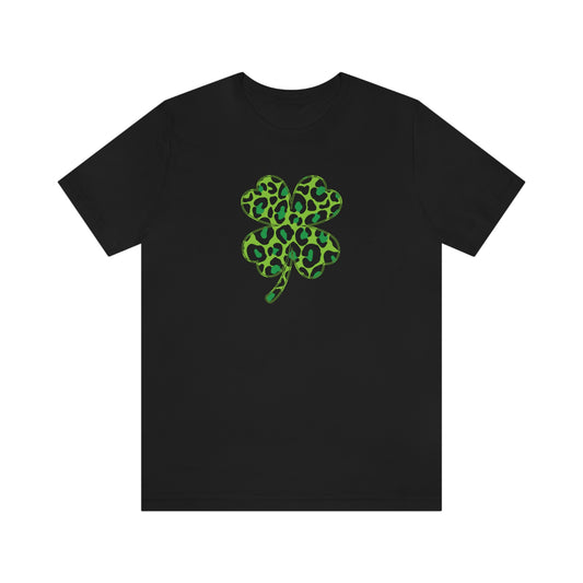 Leopard Shamrock Shirt | Lucky Four Leaf Clover Shirt | Saint Patricks Day Shirt | Unisex Jersey Short Sleeve Tee