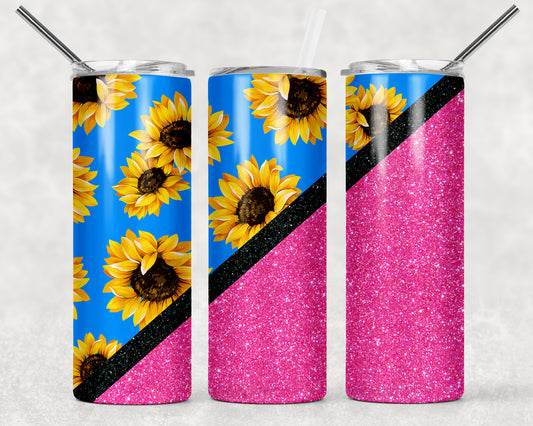 Sunflower and HOT Pink Glitter Tumbler, 20oz Tumblr, Hot or Cold Beverage Holder