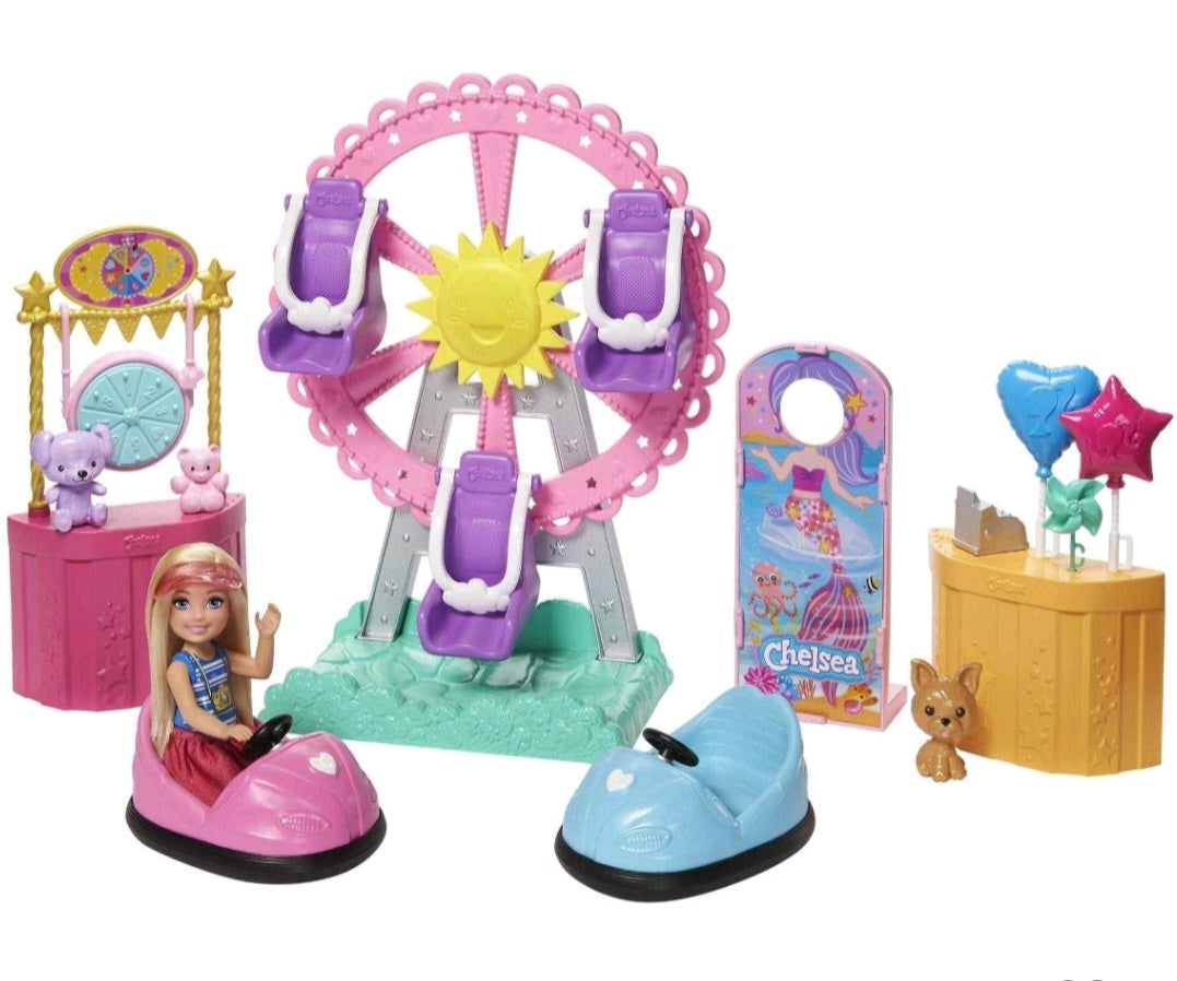 Barbie Club Chelsea Doll and Carnival Playset, 6-inch Blonde Wearing Fashion and Accessories, with Ferris Wheel, Bumper Cars, Puppy and More