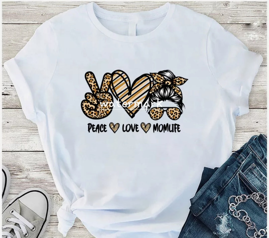 DTF Print, Mom Life w Leopard Heat Transfer, Ready to Ship, Ready to Press!! Peace Love MomLife