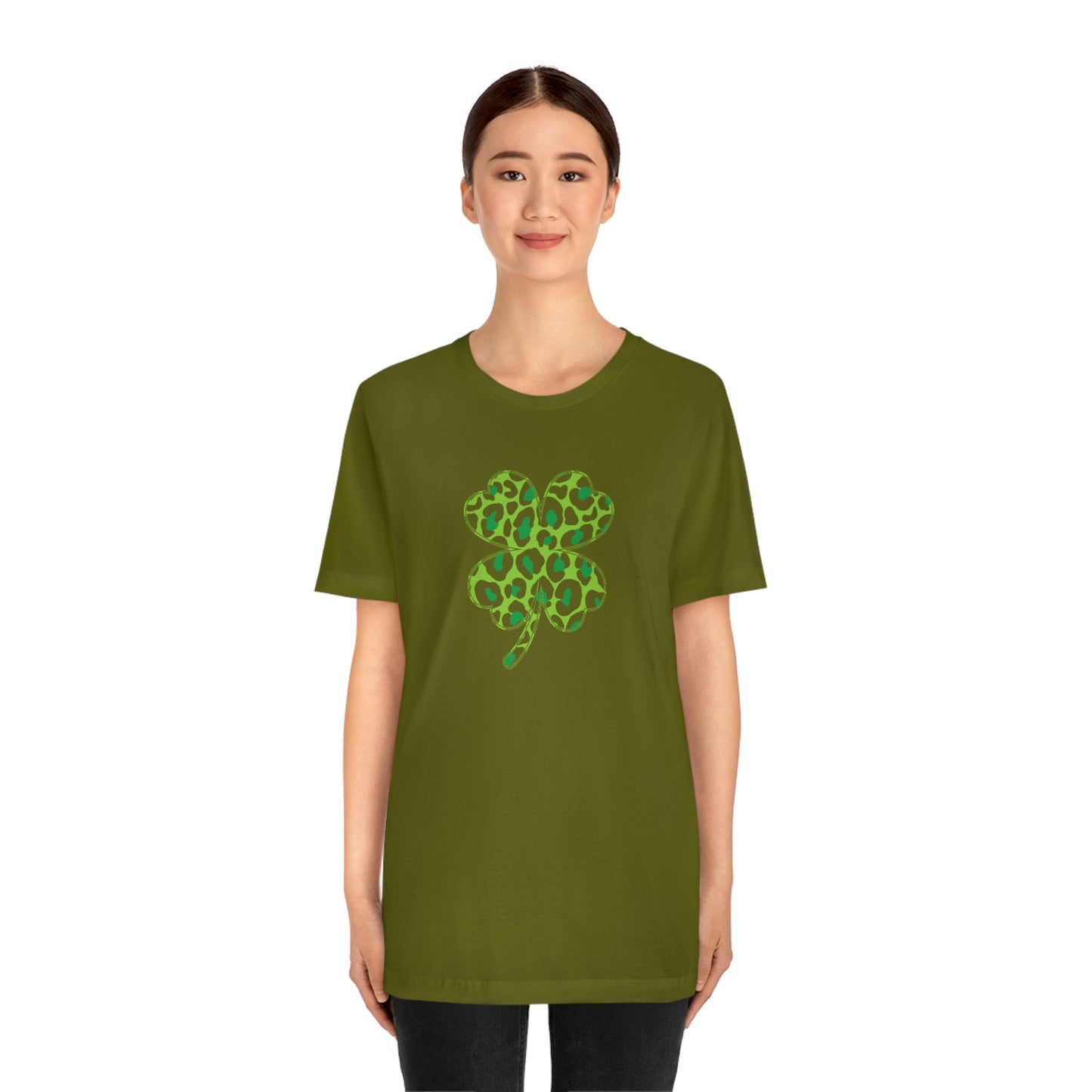 Leopard Shamrock Shirt | Lucky Four Leaf Clover Shirt | Saint Patricks Day Shirt | Unisex Jersey Short Sleeve Tee