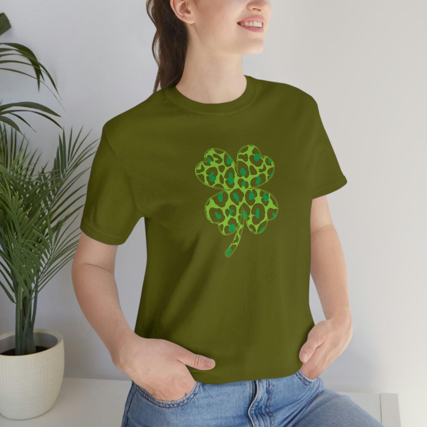 Leopard Shamrock Shirt | Lucky Four Leaf Clover Shirt | Saint Patricks Day Shirt | Unisex Jersey Short Sleeve Tee