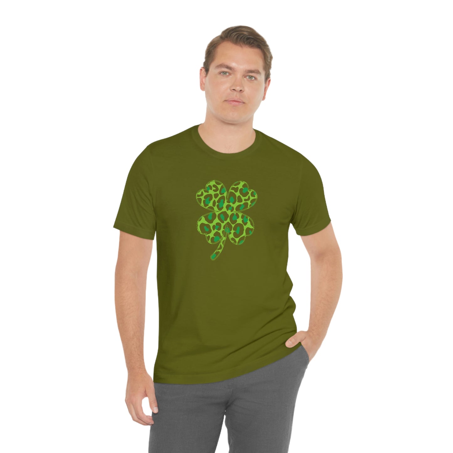 Leopard Shamrock Shirt | Lucky Four Leaf Clover Shirt | Saint Patricks Day Shirt | Unisex Jersey Short Sleeve Tee