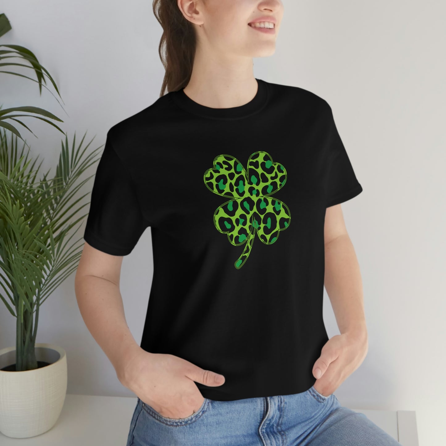 Leopard Shamrock Shirt | Lucky Four Leaf Clover Shirt | Saint Patricks Day Shirt | Unisex Jersey Short Sleeve Tee