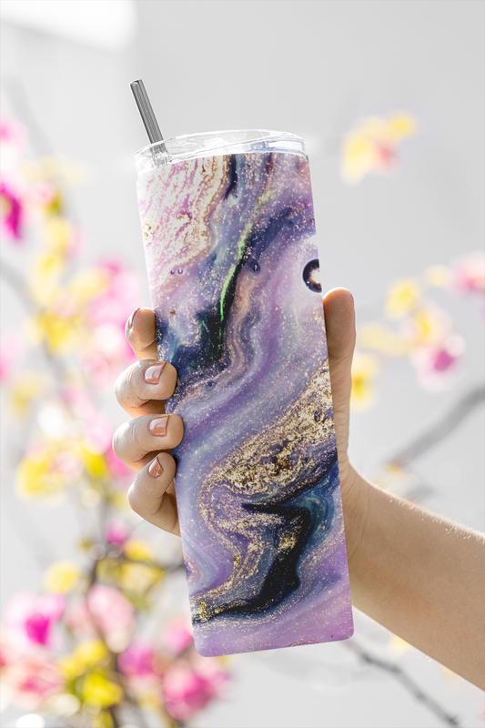 Purple Marble w Gold Tumbler, 20oz Tumblr, Hot or Cold Beverage Holder